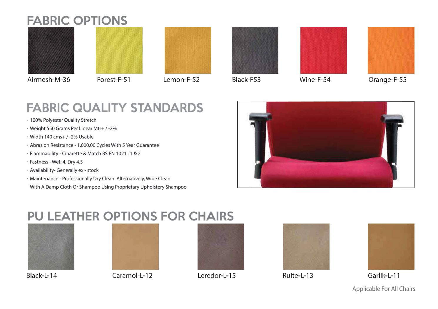 Fabric options, fabric quality standards and PU leather options